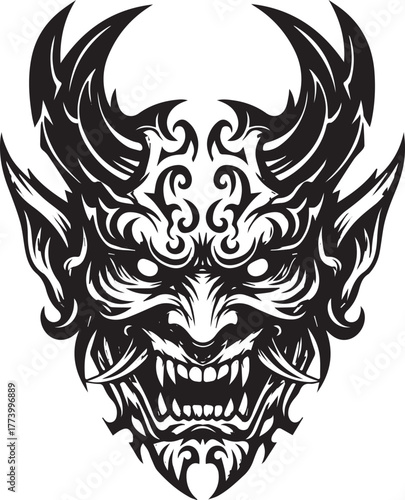 Stylized depiction of a demonic horned face with intricate triba