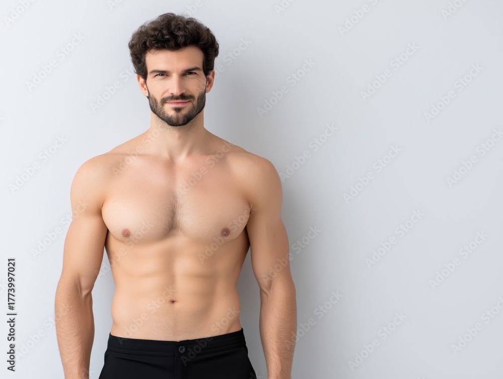 Obraz premium Athletic man with muscular build stands confidently against a neutral background, showcasing strength and fitness, embodying health and vitality in a minimalist setting