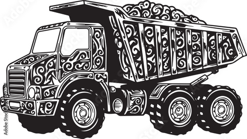 Ornate dump truck illustration with intricate tribal-style desig