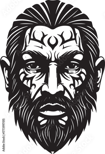 Detailed monochrome graphic illustration of a bearded mystical f
