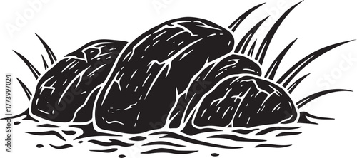 Black and white illustration of rock formation amidst blades of