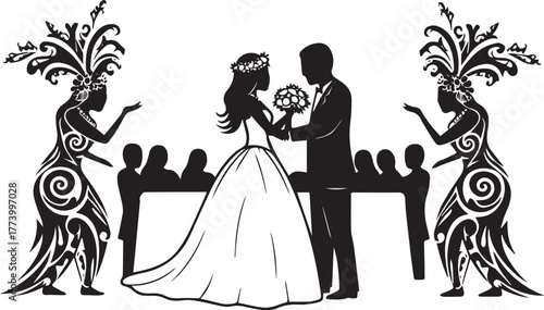 Elegant monochrome illustration of a wedding reception with trib