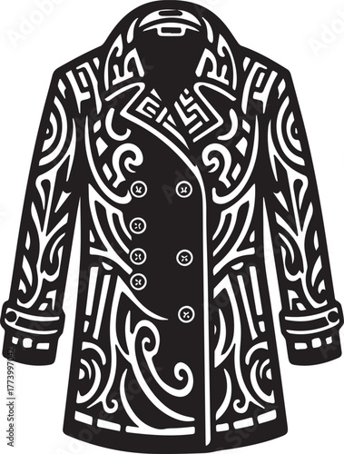 Stylized Peacoat Illustration with Intricate Tribal-Inspired Orn