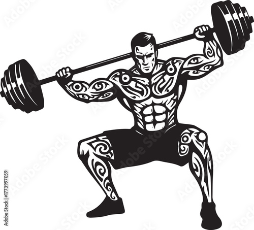 Muscular figure doing a barbell overhead squat with tribal tatto