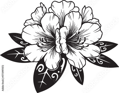 Detailed Rhododendron Blossom Illustration with Stylized Leaf Ac