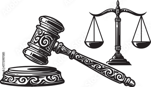 Monochrome Depiction of Gavel and Scale Emblems of Judicial Proc