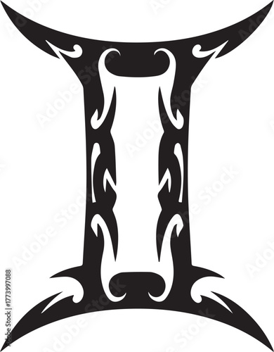 Stylized Gemini Zodiac Sign in Tribal Tattoo Art Black and White