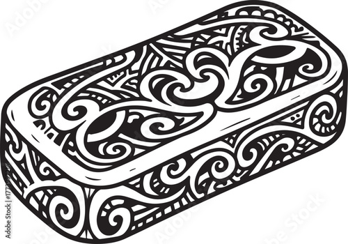 Intricate tribal pattern adorning soap bar design in monochrome