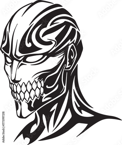 Abstract fierce face illustration with intricate tribal tattoo p