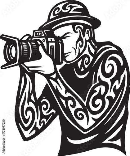 Tribal Photographer: Stylized Vector Illustration of a Camera Op