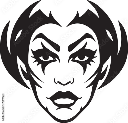 Monochrome Stylized Face with Bold Makeup and Hairstyle Illustra