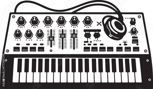 Stylized synthesizer illustration with whimsical owl knobs and b