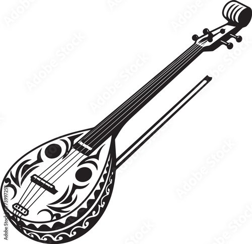 Stylized String Instrument with Tribal Ornamental Elements and B