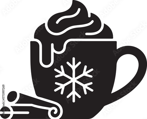 Cozy hot chocolate mug with snowflake and cinnamon sticks silhouette
