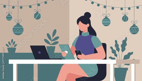Woman working from home during holidays using laptop tablet and smartphone