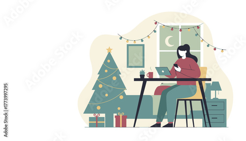 Woman using phone and laptop while working from home during the holiday season next to a decorated Christmas tree