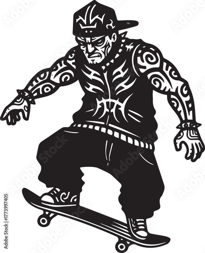 Monochromatic skateboarder with tribal-inspired tattoos exhibits