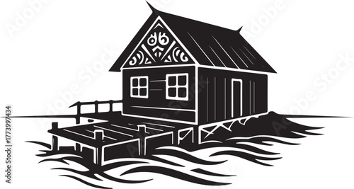 Stylized graphical tribal tattoo rendering of house on stilts ov