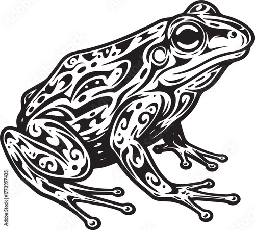 Stylized amphibian illustration with intricate tribal pattern in