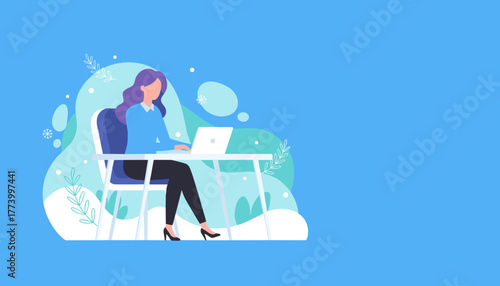 Professional woman working on laptop Remote work business and technology vector illustration