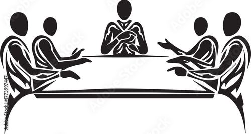 Stylized graphic meeting, a discussion among people around a tab