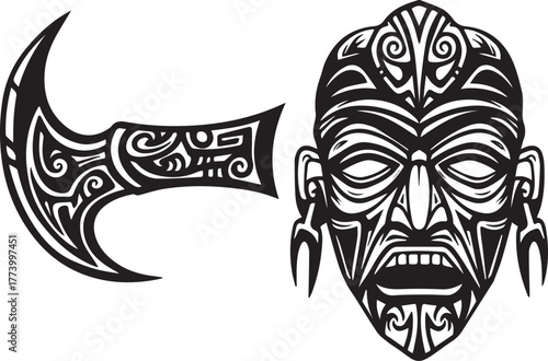 Stylized tribal mask and weapon illustration in bold monochrome