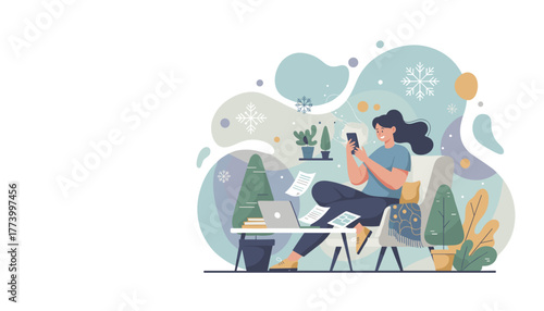 Woman uses phone while telecommuting in cozy winterthemed home office illustration
