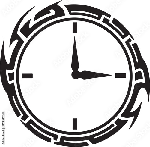 Stylized tribal clock illustration conveying urgency and ticking