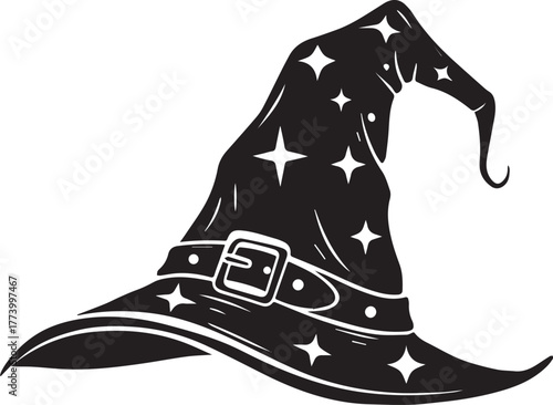 Detailed depiction of a star-adorned wizard hat in black and whi