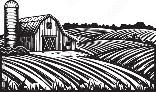 Monochrome Countryside Farmhouse Illustration with Fields and Si