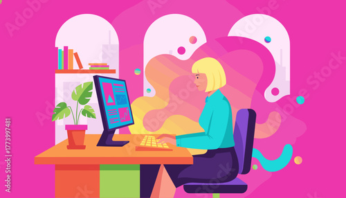 Professional woman working at a computer desk in a vibrant modern office environment doing data analysis