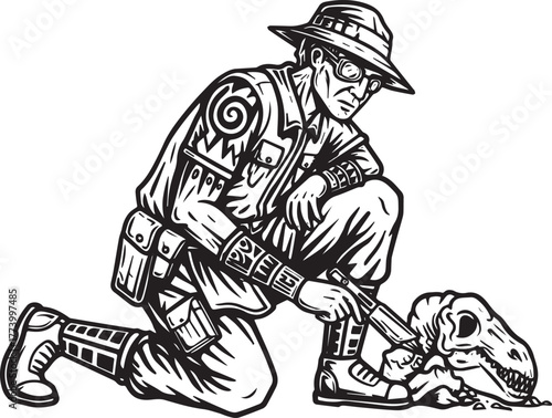 Monochrome Paleontologist Examining Fossilized Dinosaur Skull wi