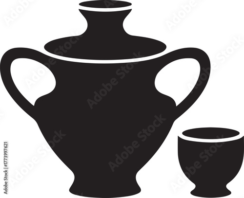 Black silhouette of ancient greek amphora and small cup