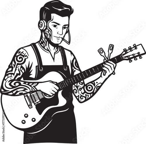 Stylized Guitar Tech Portrait: Tattooed Craftsman with Musical I