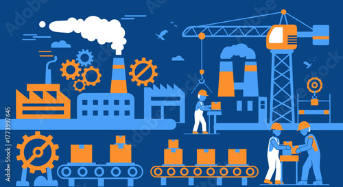 Industrial manufacturing and logistics illustration with factory workers conveyor belts gears and crane