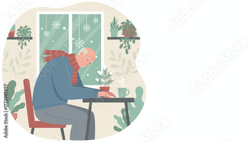 Sad senior man sits alone by a snowy window drinking tea Loneliness and winter blues concept