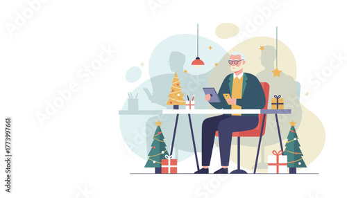 Elderly man working on tablet in festive office Holiday business and remote work concept
