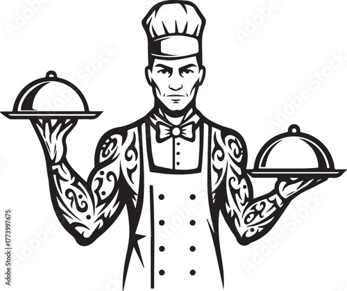 Tattooed caterer icon showing two trays of food with elegant art