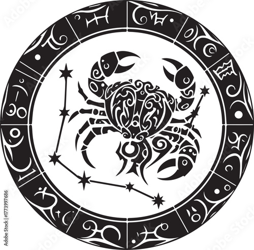Cancer zodiac sign in tribal tattoo style, isolated astrological