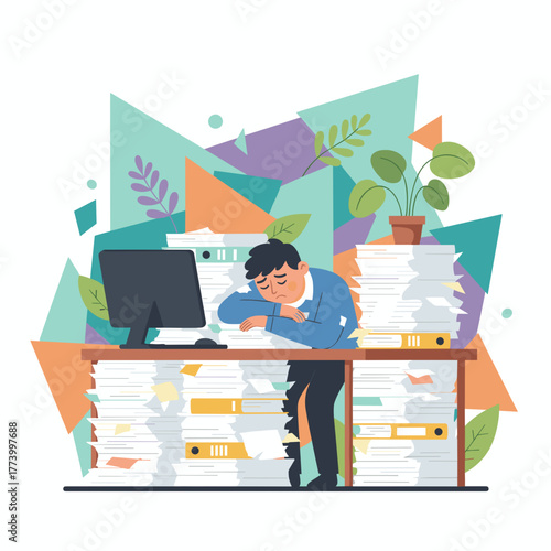 Exhausted employee sleeping at desk buried under overwhelming paperwork and office stress