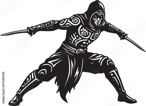 Silhouette of a tribal assassin wielding dual blades poised for