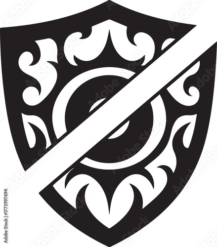 Stylized emblem with ornate tribal-inspired decoration and slash