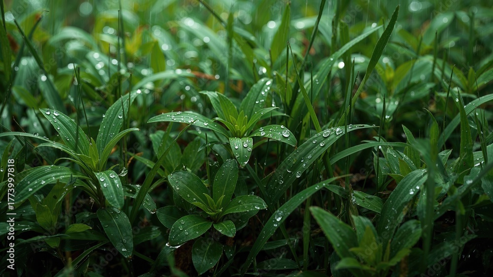 Obraz premium Close-up of green grass and leaves with water droplets after rain. Nature and plant life, freshness, and hydration. The scene of a verdant, moist landscape.