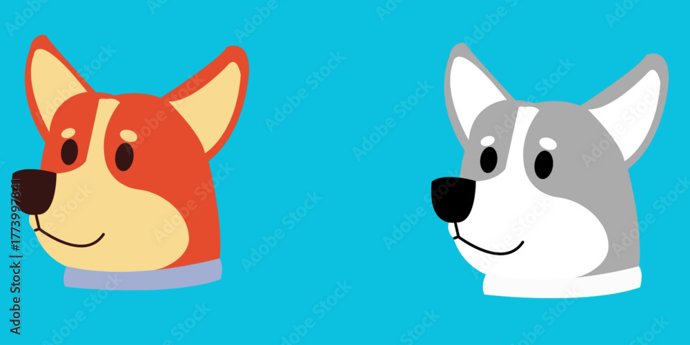 Fototapeta premium Set of cute Pembroke Welsh Corgi dog head profile vector illustrations in flat cartoon style.