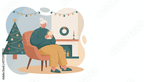 Happy senior woman using a tablet device in a cozy room decorated for Christmas holiday