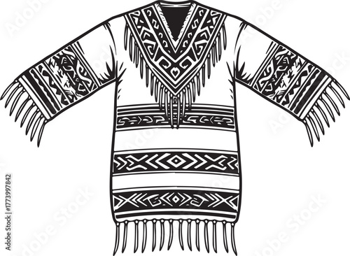 Monochrome illustration of a fringed poncho with geometric patte