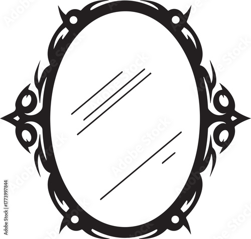 Ornate Mirror with Tribal-Inspired Frame in Striking Black and W