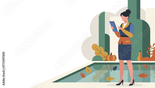 Professional woman using a tablet outdoors in a modern autumn setting Technology business and fall concept