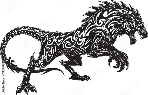 Stylized mythical creature design with swirling tribal tattoo pa