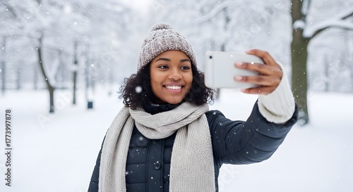 Smiling African American woman taking a selfie outdoors on a snowy winter day, wearing warm clothes, knitted hat and scarf, enjoying fresh snow in a beautiful winter park background
